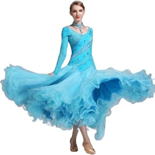 2017 New Arrival of Adult Ballroom Dance Costume Blue Modern Dance Dress Luxury Diamond Standard Ballroom Dancing Dresses S9015