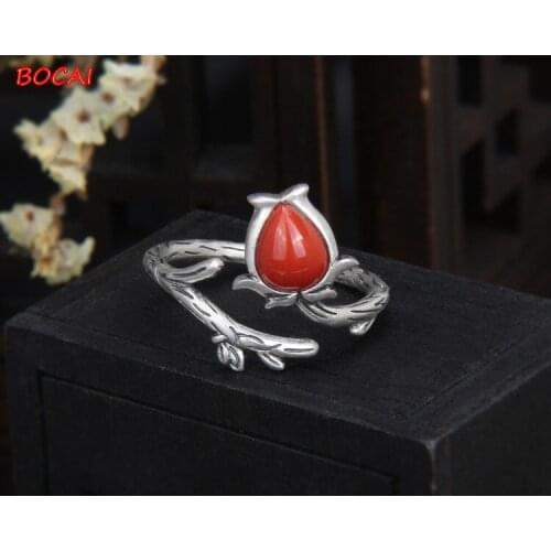 S925 rose flower southern red agate sterling silver open ring, fresh, simple and fashionable water drop design