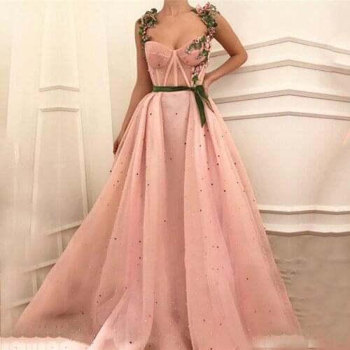 Eightale Pink Prom Dresses for Graduation Sweetheart Beaded with Pearls Sequins A-Line Appliques Spaghetti Strap Party Gowns