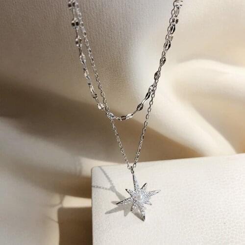 New S925 Trendy Star Moon Pearl Pendant Double Layer Necklace Female Light Luxury Clavicle Chain Couple Gift