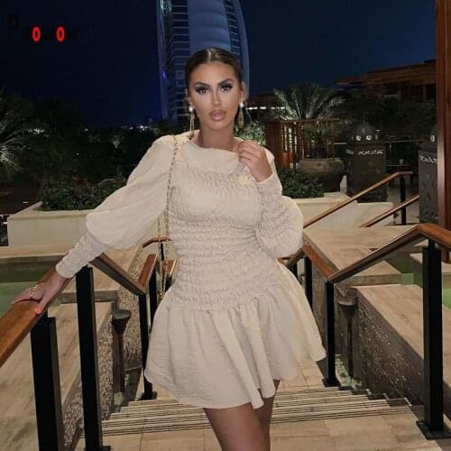 Prowow Office Lady Dress Long Sleeve Folds Spring Fall Stretched Dresses for Women O-nec Solid Color Female Streetwear Outfits