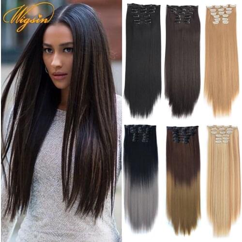 WIGSIN Synthetic 16Clips Long Straight Natural Clip in Hair Extension High Temperature Fiber Black Ombre Hairpiece for Women