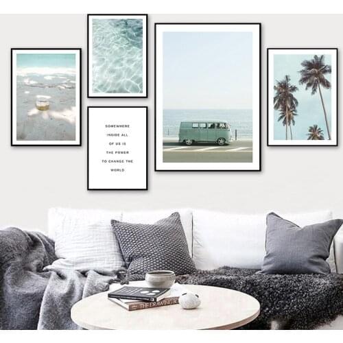 Nordic Minimalist Seascape Art Canvas Painting Poster Coconut Tree Beach Bus Modular Picture For Living Room Home Decor TB82