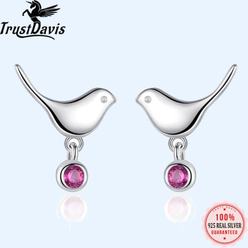 Trusta 100% 925 Soild Sterling Silver Earring Fashion Purple Stone Birds Small Stud Gift School Girls Kids Drop Shipping DS012