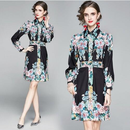 Fashionable Black Floral Flower Prints France Europe and America Niche Design Vintage Button Shirt Dress Tunic Party Vestidos