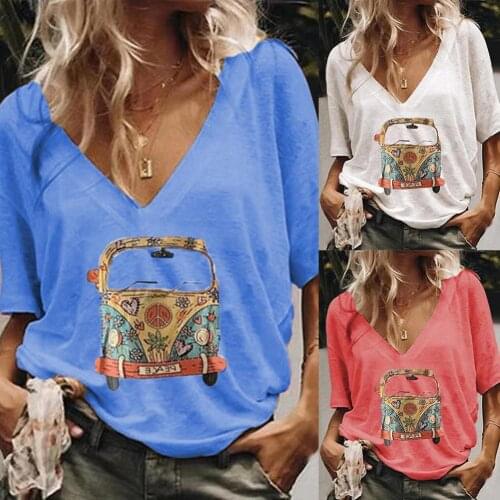 Women Summer Fashion V Neck Short Sleeve Cartoon Car Print T-shirt Blouse Top