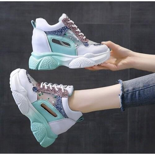 2020 Women Running shoes Sports Net Breathable Old shoes Casual PU Lace Up Thick Heel Increase Height Platform Ladies Shoes 34