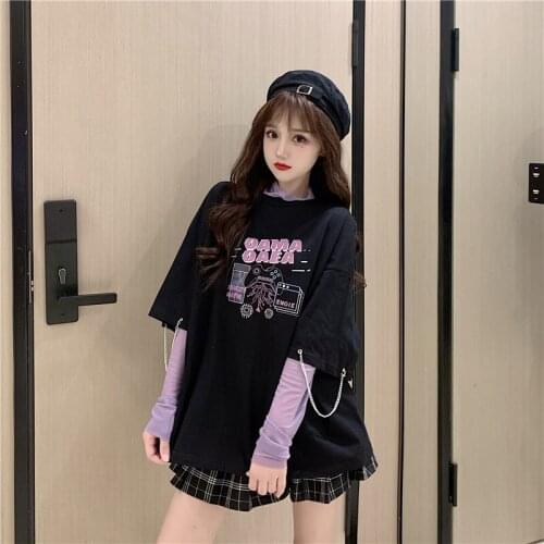 Womens T-shirts Tops Japanese Kawaii Ulzzang Loose Letter Print Retro Fake Two Tshirt Female Korean Harajuku Clothes For Women