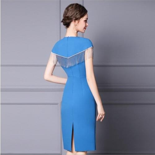 Blue Ladies Split Ruffles Summer Pencil Dress Short Sleeve Waist Slim Red Black Female Dresses Fringed OL Romantic Elegant Skirt