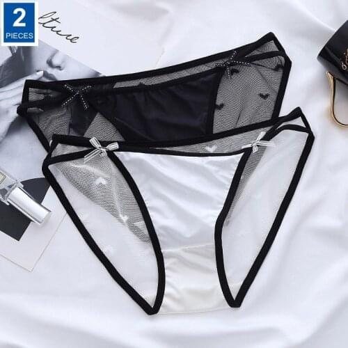 2 Pcs Embroidery Lace Ladies Transparent Back Underwear Mesh Gauze Satin Sweet Girls Hollow Briefs Low Rise
