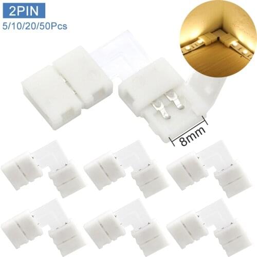 8mm 2PIN L Shape Connector for Connecting Solderless Corner Right Angle 3528 2835 Single Color LED Strip Light 5/10/20/50PCS