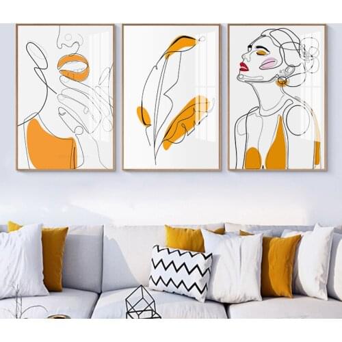 Abstract Line Drawing Leaf Painting Orange Girl Minimalist Wall Art Canvas Poster Print Nordic Pictures for Living Room Decor