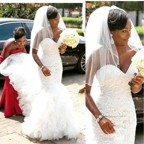 Arabic Cascading Ruffles Mermaid Wedding Dresses Sweetheart Lace APplique Backless African Plus Size Bridal Gowns