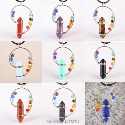 Free Shipping Seven Crystal Stone Mosaic Handmade Wire Hexagonal Cylinder Pendant 1PCS
