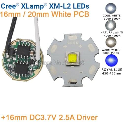Cree 16mm DC3.7V 2.5A Driver 5 Mode +XML2 XM-L2 T6 Cold White Neutral White Warm White 10W High Power LED Emitter 16mm White PCB