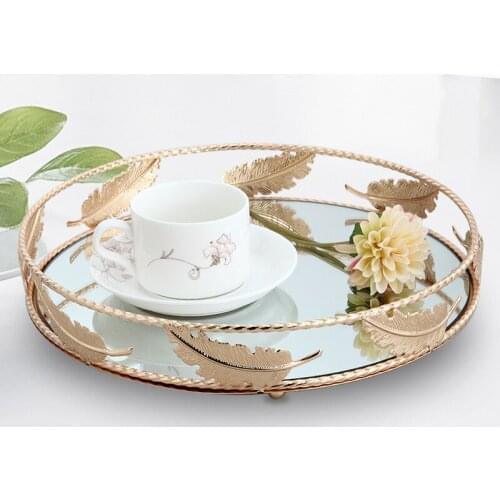European Style Feather Wrought Iron Mirror Tray Household Golden Electroplated Glass Tray Living Room Decoration Accessories
