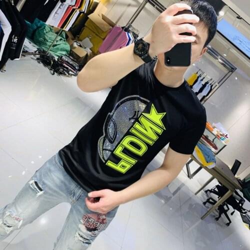 Bestseller England Style Fancy T shirt Men Diamond Print Short Sleeve T-shirt Mens fashion Summer Rhinestone T Shirts