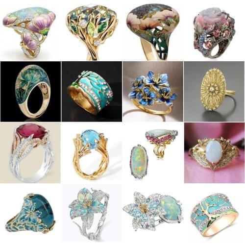 Trendy New Flower Lotus Leaves White Stone Ring Fashion Jewelry Yellow Gold Crystal Painting Statement Rings for Women Z5P746