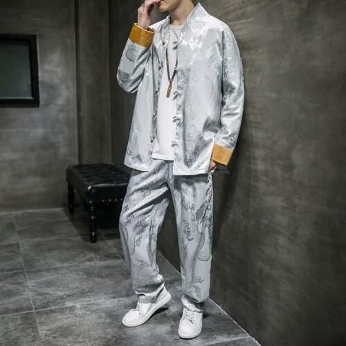Kung fu suit Chinese mens clothes 2020 Chinese style suit fashion two-piece long-sleeve trousers casual plus size hanfu male