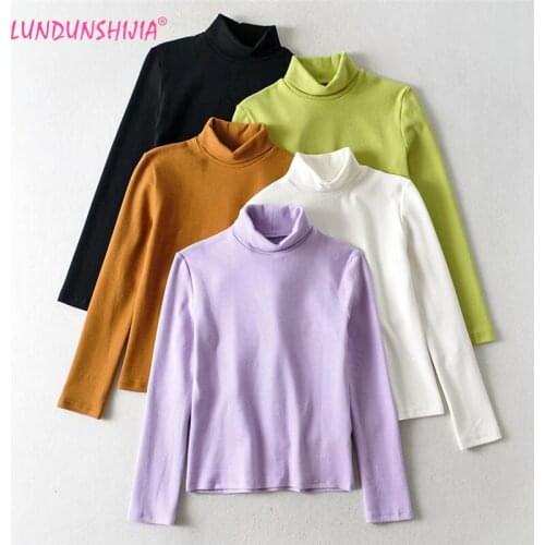 LUNDUNSHIJIA Women Cotton Fleece Turtleneck Top 2020 Autumn Winter Fashion Warm Ladies Bottoming Blouses 5 Colors