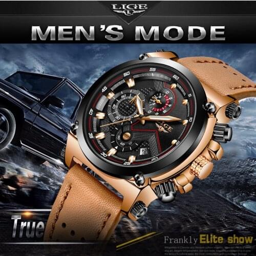 LIGE 9856 Men Luxury Business Leather Band Chronograph Fashion Military Waterproof Sports Quartz Wristwatches Clock Male