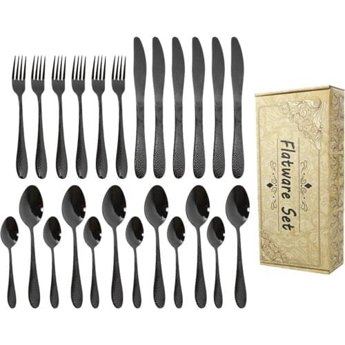 24pcs Black Dinnerware Cutlery Set Stainless Steel Tableware Set Knife Fork Spoon Flatware Set Dishwasher Safe Gift Box