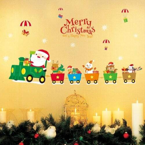 Cartoon Christmas Train Decals New Year Childrens Room Bedside Decoration Wall Sticker Glass Window Door Stickers