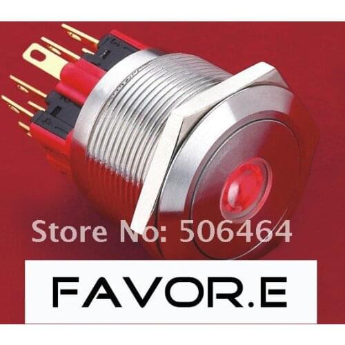 Stainless steel 25mm IP65 5A/250VAC dot illuminated 2NO 2NC Latching LED metal Push Button light Switch Flat round