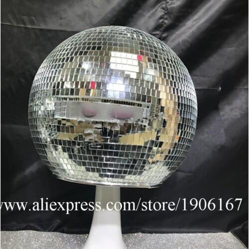 Nightclub Men Women Stage Performance Wear Mirror Headdress Glass Ball Led Light Helmet Halloween Christmas Mirror Props