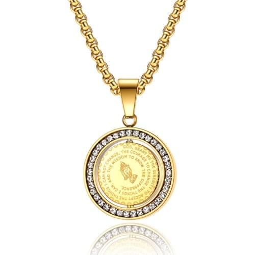 2021 Whole Sale Drop Shipping Round Shape Rotatable Praying Hands Mens Chains Boho Necklace Cubic Stones For Jewelry Christian