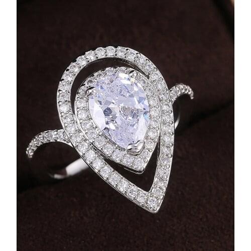 Pear Shaped Water Drop Wedding Ring Cubic Zirconia Paved Stone Silver Plated Anniversary Ring Lots