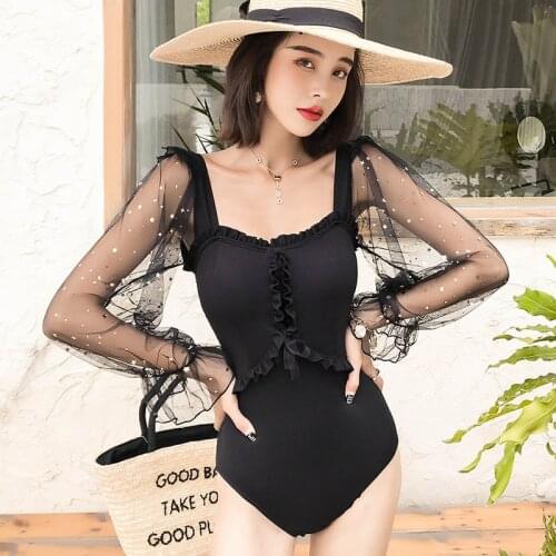 Sexy Swimsuit One Piece Woman Swimwear Beach Swim Fused 2019 Swimsuits Closed Female New Korean Long Sleeve Large Polyester
