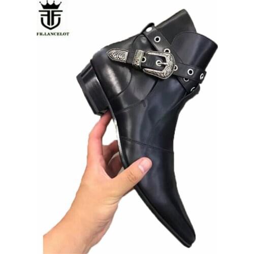 High End Handmade Pointed Toe Western Denim Cowboy Genuine Leather Boots luxury Ankle Buckle Strap Rivets Catwalk fashion Boots