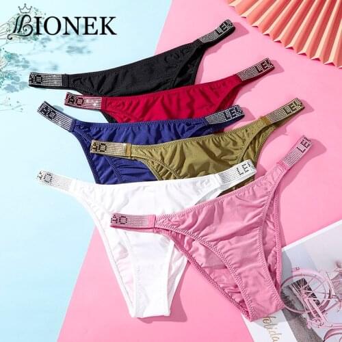 BIONEK Letter Rhinestone Sexy Underwear Fitness Sports Hip Lifting Satin Panties Thong Low Waist Seamless Briefs Tanga Lingerie