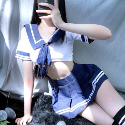Sexy Lingerie Blue sailor moon School Girl outfit Erotic Short top see through cosplay costumes Top and MiniSkirt For Women