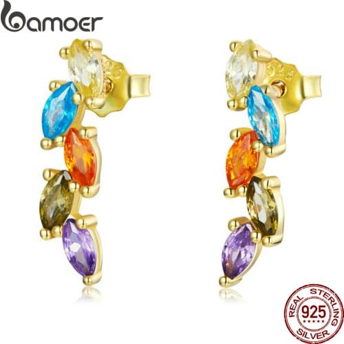 BAMOER 925 Sterling Silver Colorful Olive Shape Zircons Purple Blue Gold Stud Earrings for Women Spanish Fashion Jewelry SCE1210