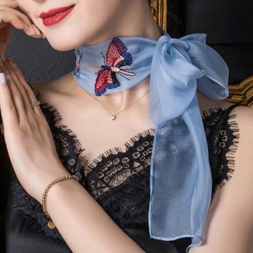 Women Butterfly Embroidered Ribbon Narrow Long Silk Scarf Summer Gauzesilk Breathable Headband Neck Guard Sunscreen Shawl Q46