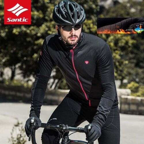 Santic Windstopper Cycling Jacket Men Thermal Fleece Cycling Jersey Antiskip Silica Hem Outdoor Sports Jacket Full Size M-4XL