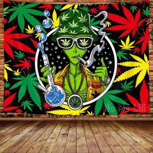 Trippy Weed Cool Alien Leaf Wall Hanging For Bedroom Psychedelic Stoner For Men Aesthetic Hippie Tapestry Art Home Decor