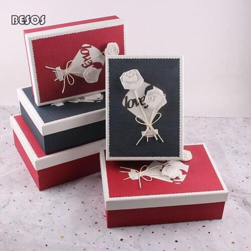 High-grade Rectangular Gift Box Red Blue Hollowedout Letters Handmade Flower Party Wedding Perfume Lipstick Paper Gift Box B307D