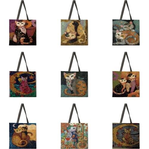 Golden cat print ladies messenger bag casual linen tote bag foldable shopping bag reusable beach bag