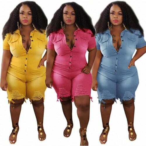 Women S-5XL Short Sleeve Bodysuit Ripped Denim Shorts Jumpsuits Plus Size Clothing Jeans Jumpsuits Wholesale Dropshipping