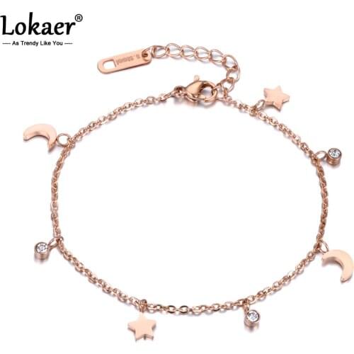 Lokaer Trendy Bracelet Moon & Star & CZ Crystals Rose Gold Color Stainless Steel Bracelet Link Chain Christmas Gift B18186
