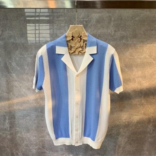 Summer Knitting Mens Short Sleeve T-Shirt Striped Single Breasted Casual Turn-Down Collar Tops Fashion Loose Fit Men Clothing