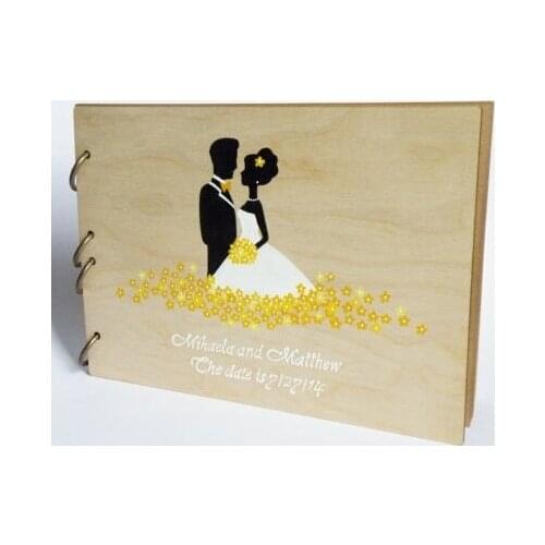 Custom Bride and Groom Printed with Flowers Wedding Wooden Guest Book Personalized Guestbook Wedding Decorative Guest Book