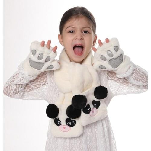 Panda Faux Scarf with Gloves set Animal Costume Mitten Set For Boy/Girls Plush Winter Scarf Gloves Costume Gift Accessory