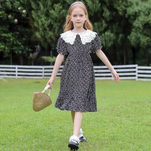 Summer Casual Dress For Girls Fashion Floral Print Lace Peter Pan Collar Knee Length Gowns Children Daily Light Dresses 5-14Y
