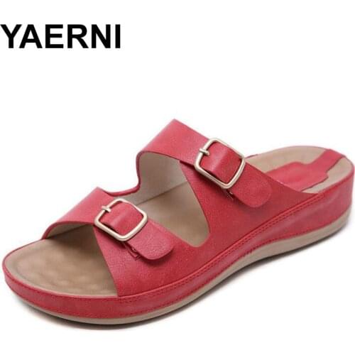 YAERNI Summer Shoes Woman Sandals Double Buckle Sandalias Mujer 2019 Slides Wedges Shoes For Women Sandals Flip FlopsE917