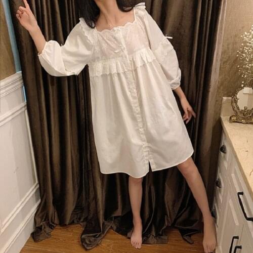 Sweet Womens White Cotton Lace Floral Nightgowns Long Sleeve Loose Female Nightshirt Royal Sleepwear Summer Autumn