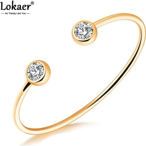 Lokaer Trendy Rose Gold/Gold/Steel Color Open Bangles For Women Girl Stainless Steel Inlaid Cubic Zirconia Cuff Bracelets B18094